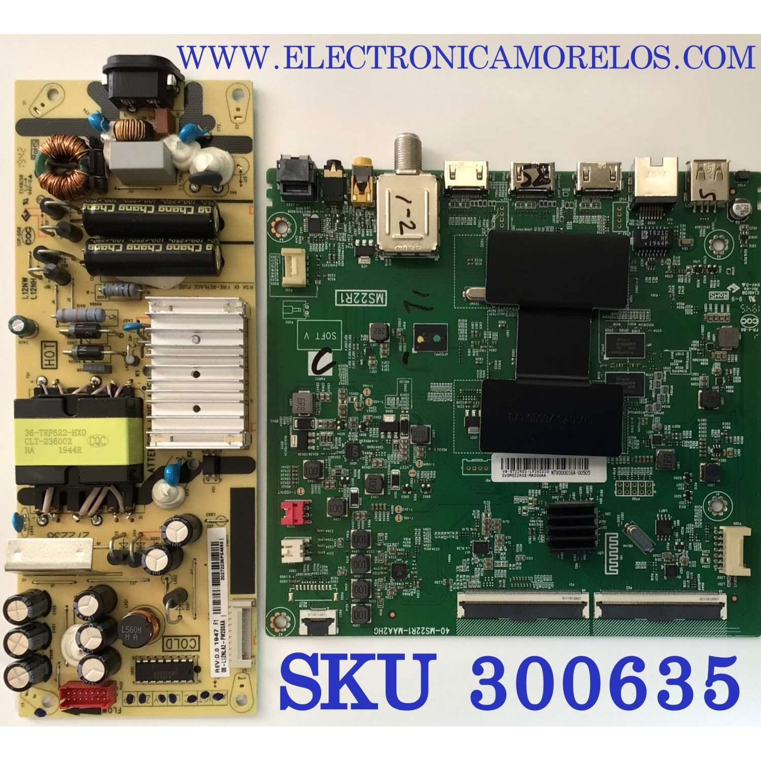 KIT DE TARJETAS PARA TV TCL / MAIN SVSMS22R03-MA200AA / 40-MS22R1-MAA2HG/V8-ST22K01-LF1V2210 / FUENTE 08-L12NLA2-PW200AA/REV:D.0 / PANEL LVU550NDEL / MODELO 55S423